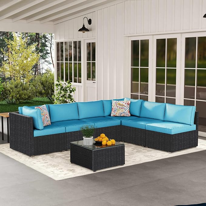 7-Piece Outdoor Patio Furniture Set – Handwoven All-Weather Rattan & 4” Thick Waterproof Cushions, Wicker Outdoor Conversation Sets with Coffee Table for Deck, Backyard, Garden, 2026, Black/Blue