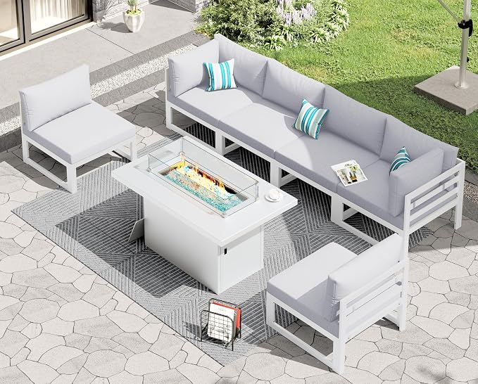 RADIATA 6 Person Large Modern Aluminum Outdoor Patio Furniture Set with Fireplace, 29" Wide Deep Seating, U Shaped Combo Sectional Couch, Water Resistant Conversation Set for Backyard Terrace, White