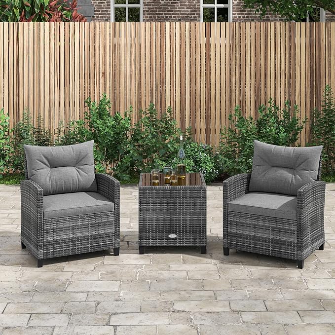 Patio Furniture Set, 3 Pcs Outdoor Wicker Conversation Set with Glass Coffee Table, Patio Chairs w/Washable Cushions, PE Rattan Outdoor Furniture Set for Porch Garden Backyard (Grey)