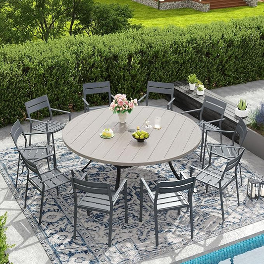 DIFY 11 Piece Outdoor Patio Dining Set for 10, Patio Table and Chairs Set with Umbrella Hole, 63" Round Dining Table and Stackable Metal Chairs for Backyard Garden Poolside, Grey Wood-Like & Grey