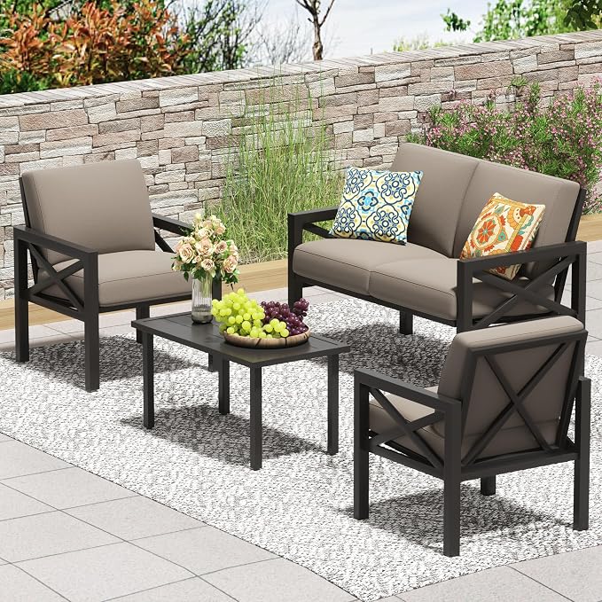NATURAL EXPRESSIONS Outdoor Patio Furniture 4 Pieces Set, Modern Patio Conversation Sets, Outdoor Sectional Metal Sofa with 5.5 Inch Cushion and Coffee Table,Shale