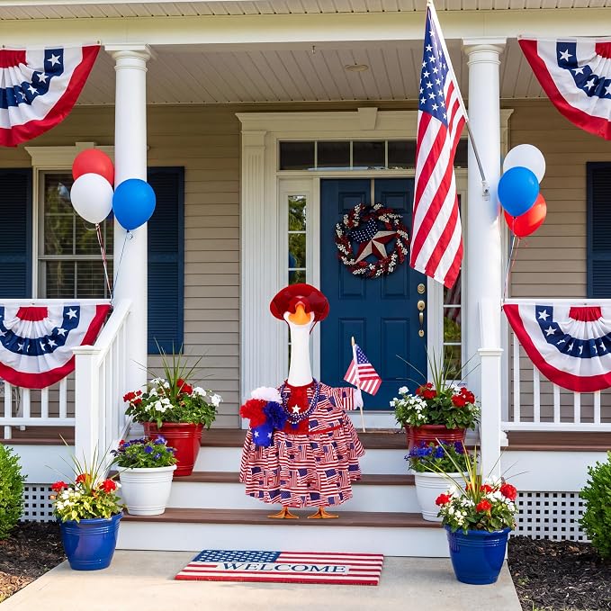 Abbylike 4th of July Porch Goose Outfit Fit 23" Plastic & Cement Statue American Flag Goose Skirt Clothes for Patriotic 250th Anniversary Independence Day Outdoor Garden Yard Patio Lawn Decor