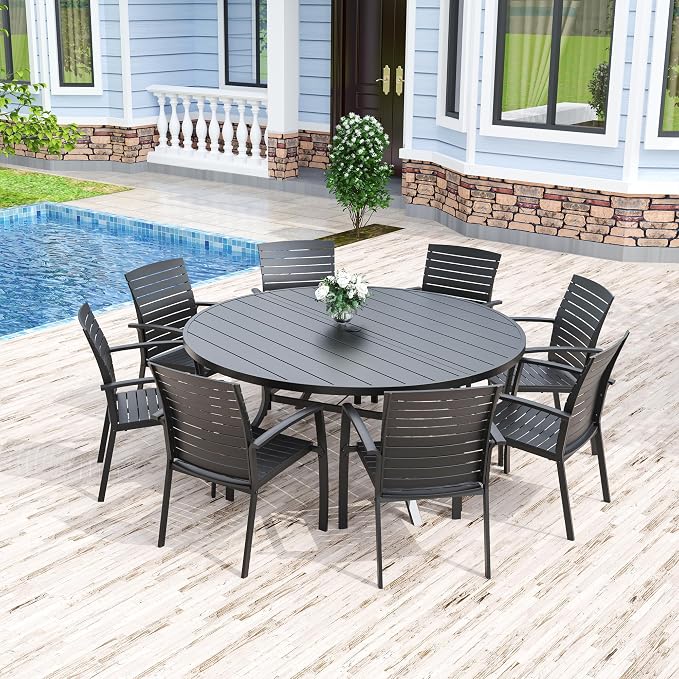 Anmutig 58" Outdoor Patio Round Dining Table, Large Metal Slatted Round Tabletop with Adjustable Umbrella Hole for Deck Lawn Garden Backyard Balcony Deck, Black