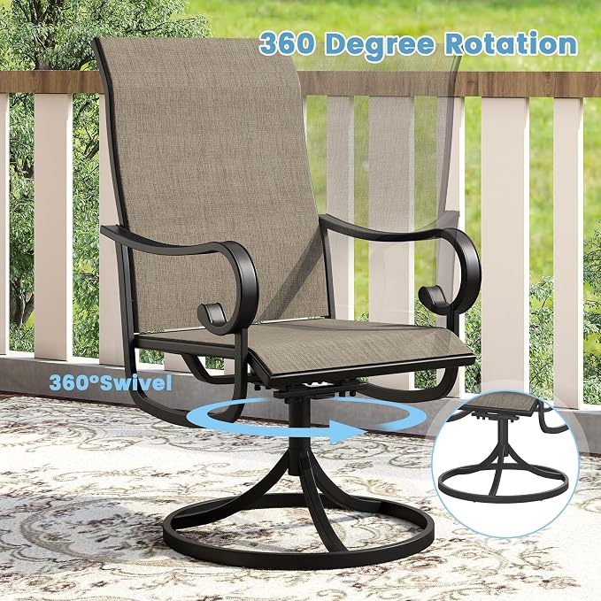 DIFY 7 Pieces Outdoor Patio Dining Set for 6, Swivel Dining Chairs with Brown Textilene and 63" Black Rectangle Metal Dining Table, Outdoor Table and Chairs for Lawn Garden Backyard Deck