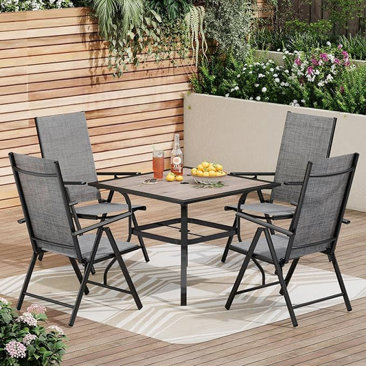 PHI VILLA 5-Piece Patio Dining Set with Umbrella Hole, Patio Table and Chairs Set with Square Wooden-Like Table & Folding Patio Chairs (Grey)