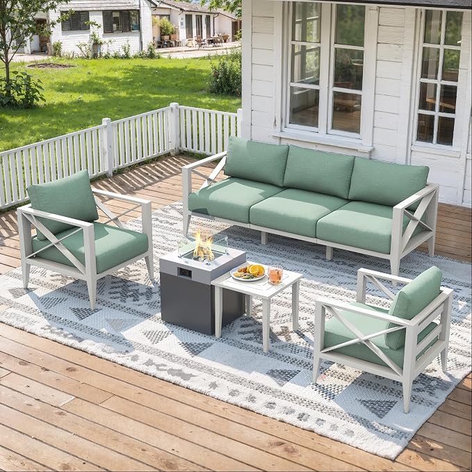 Aluminum Patio Furniture Set, 7-Piece Oversized Outdoor Conversation Set with Fire Pit Table & Coffee Table, All Weather Modern White Sofa for Deck, Garden, Poolside