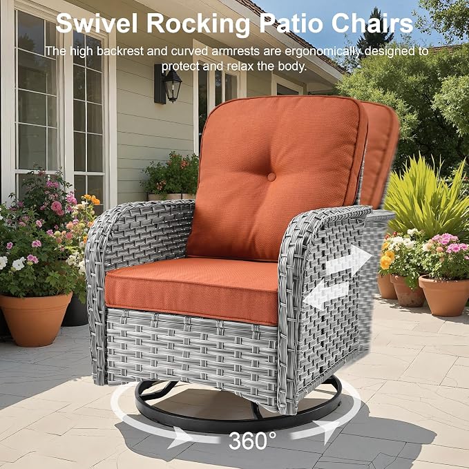 Outdoor Patio Furniture Sets,9 PCS Patio Conversation Set Outside Rattan Sectional Sofa with 42 in Fire Pit Table Wicker Rocking Chair Coffee Table Fit Backyard Porch Garden Poolside Balcony