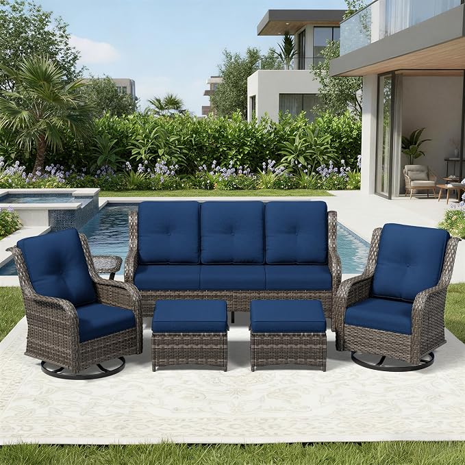 Joyside 6 Piece Wicker Patio Furniture Set, Outdoor Swivel Rocker Patio Chairs with High Back, Deep Seating, Wide Armrest, Thickened Cushions, Outdoor Furniture for Deck, Porch Use