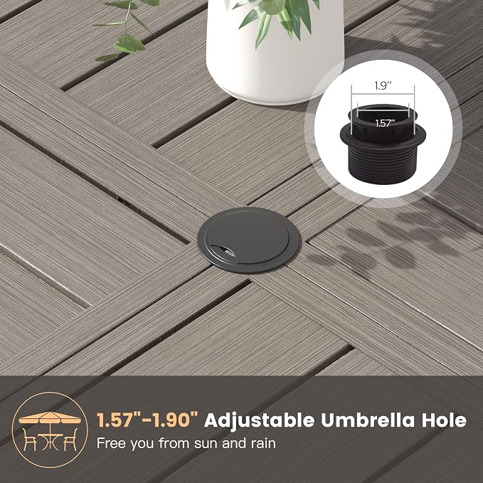 47.2" Outdoor Dining Table with Adjustable Umbrella Hole, Metal Slatted Round Patio Dining Table for Backyard Garden Deck, Antique Grey