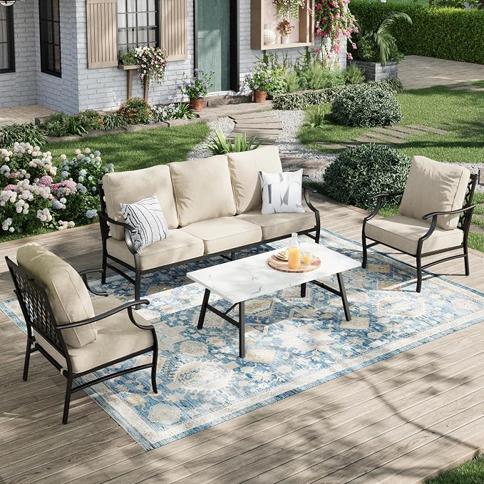 MIXPATIO Patio Furniture Set 4 pcs, Metal Outdoor Patio Furniture, 3-Seat Sofa, 2 Single Chairs, Metal Coffee Table and 5.75" Extra Thick Cushion, Patio Conversation Set,Beige