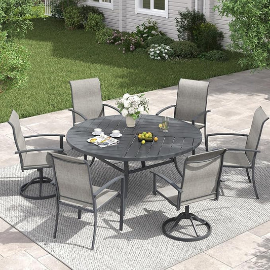 VICLLAX 7 Pieces Patio Dining Set for 6, 53.1" Round Outdoor Table and Chairs (4 Patio Fixed Chairs and 2 Swivel Chairs) for Deck Garden, Dark Grey