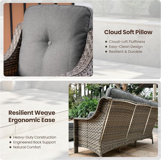 5 PCS Patio Conversation Set, All-Weather Rattan Wicker Outdoor Patio Furniture Sets with High Back Swivel Rocker Chair, Solar Light Coffee Table for Porch,Backyard,Balcony,Dark Grey