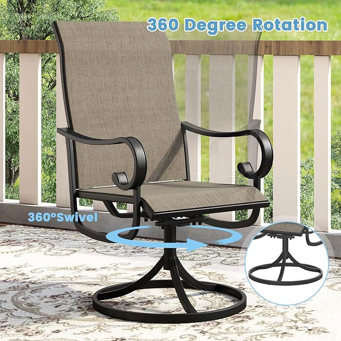 DIFY 9 Pieces Outdoor Dining Set for 8, Outdoor Furniture Set of 8 Brown Textilene Swivel Patio Chairs, 60" Walnut Round Metal Dining Table with Umbrella Hole, for Garden Deck Backyard