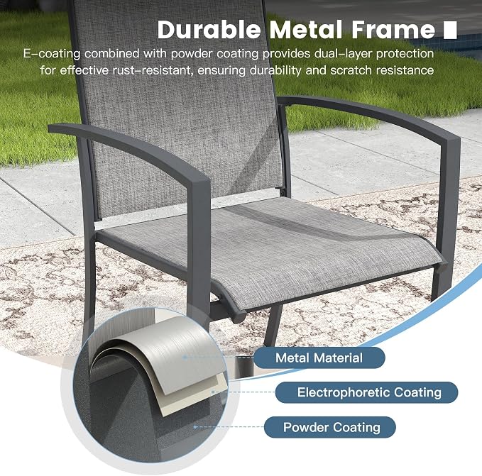 DIFY 5 Pieces Outdoor Dining Set, Metal Patio Table and Chairs Set for 4 with Umbrella Hole, 40.6" Round Dining Table and Textilene Stackable Patio Chairs for Garden Backyard Poolside, Grey Wood-Like