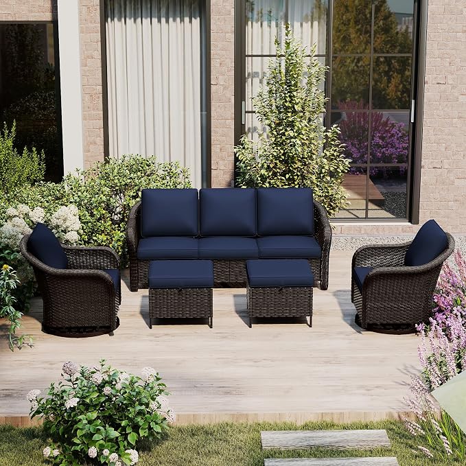 5 Piece Patio Wicker Conversation Set, All-Weather Use Outdoor Wicker Sofa with 2 PE Rattan Ottomans,2 Swivel Chair, Ideal for Porch, Backyard, Balcony, Poolside, Blue