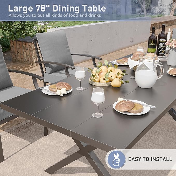 Kurapika 9 Pieces Patio Dining Set Outdoor Furniture with 8 Swivel Chairs, Metal Patio Furniture Set 8 Chairs and Large Table with Umbrella Cutout for Yard Porch Deck, Grey