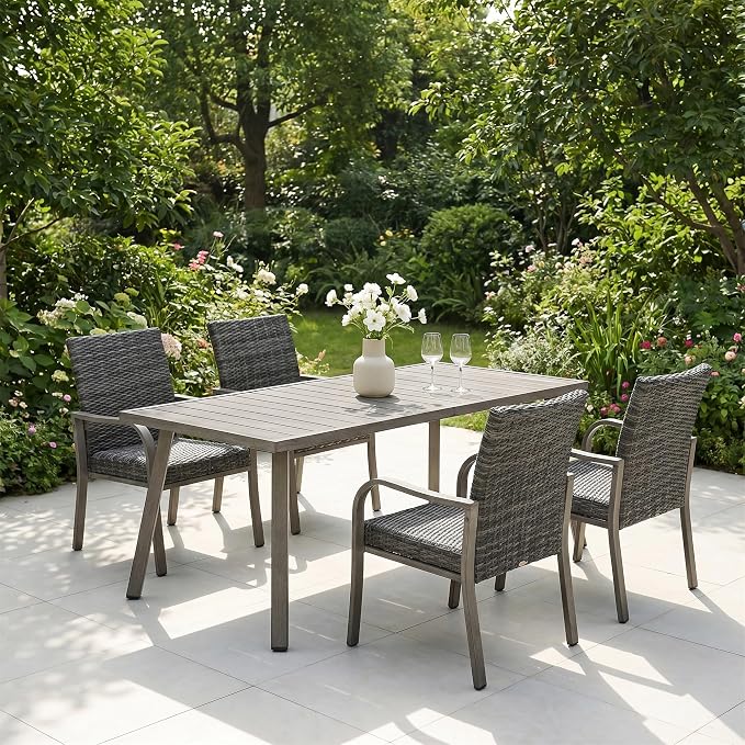 Outdoor Folding Dining Table, 37.4"-70.5" Extendable Patio Iron Table with Umbrella Hole, Weather Resistant Slatted Rectangular Table for Backyard Garden, Gray Finish, Seats 6-8 People