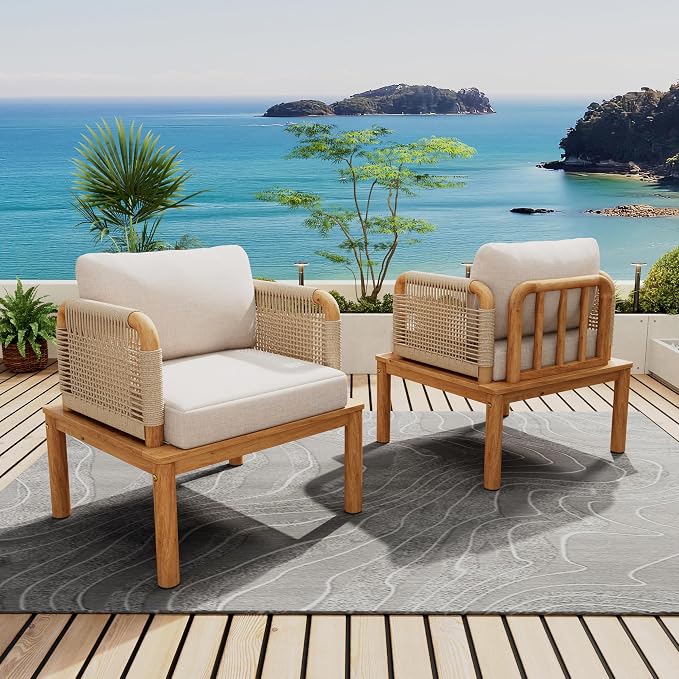 JIVOIT Outdoor Armchair Set of 2, Acacia Wood and Rope Club Chair with Cushions, Mid Century Design Comfortable Single Armchair for Backyard Porch Garden Balcony