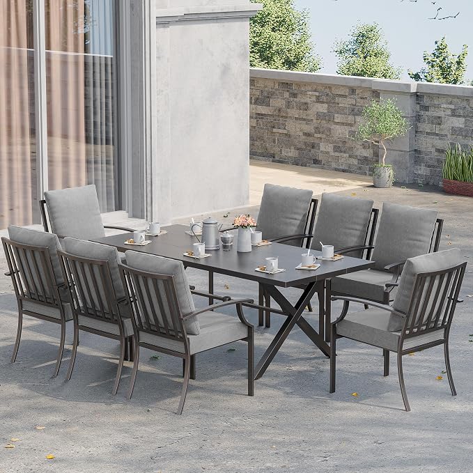 Kurapika 9 Pieces Patio Dining Set Outdoor Furniture with 8 Fixed Chairs, Metal Patio Furniture Set 8 Chairs and Large Table with Umbrella Cutout for Yard Porch, Grey