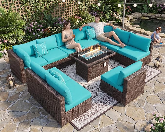 NICESOUL 11 Piece Outdoor Furniture Set with Fireplace, Luxury 10-Seats Patio Sectional Sets, 29.3'' High-Back Backyard Seating Area, All-Weather Wicker Couch Sofa Modular, Brown & Teal