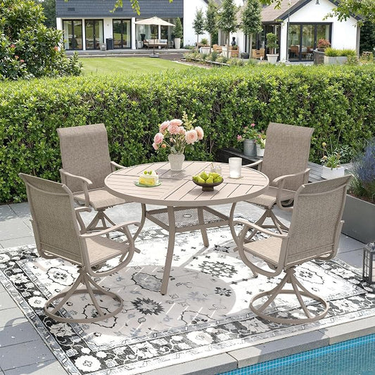 DIFY 5 Pieces Outdoor Patio Dining Set, 4 Sandshell Textilene Swivel Dining Chairs and 40.6" Sandshell Round Metal Dining Table, Outdoor Table and Chairs