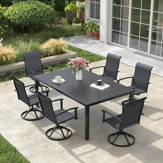 VICLLAX 7 Pieces Patio Dining Set, Patio Furniture Set of Metal Outdoor Table with Umbrella Hole and 6 Swivel Patio Chairs for Backyard Lawn, Charcoal & Black