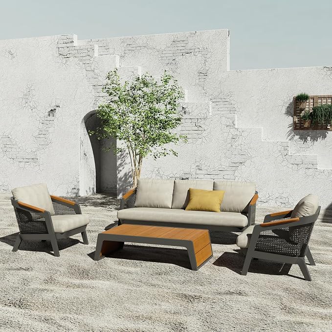4 Pieces Patio Furniture Set Outdoor Sectional Patio Conversation Sets Aluminum Sofa Set with Teak Coffee Table & Armrests, Grey