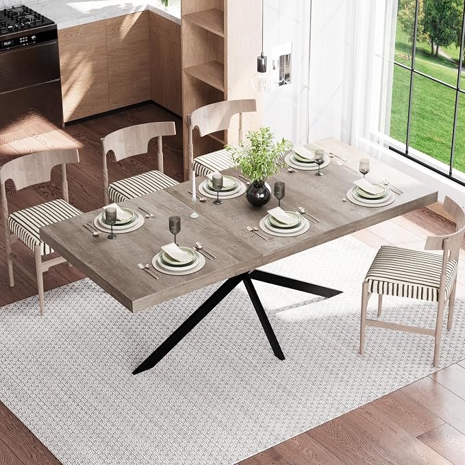 55.11" -70.86" Extendable Dining Room Table, Retro Folding Dining Tables for 4-6 People with Antique Wood Top/Black Fine Sand Cross Iron Foot Base/Storage Box, Grey