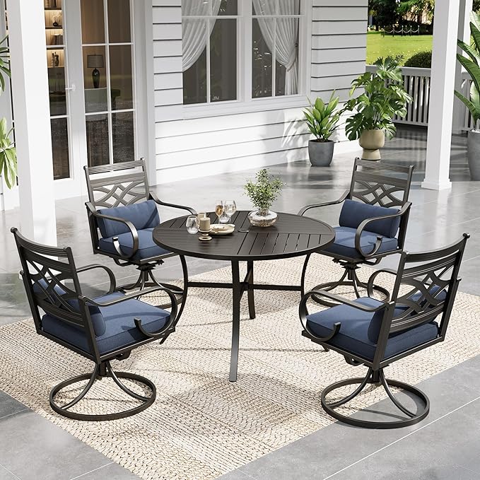 Sophia & William Patio Dining Set, Steel, Black | Umbrella Hole, Swivel Chairs, E-Coated, Cushions Included, For Patio, Garden and Yard