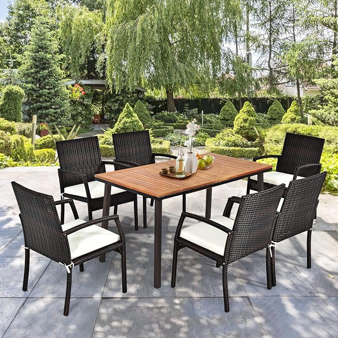 RELAX4LIFE Outdoor Dining Table for 6-8, Acacia Wood Slatted Patio Table w/Umbrella Hole, Wicker Edging, Rust-Proof Steel Legs, Rectangle Outdoor Patio Table for Deck Backyard Pool Side Relaxation