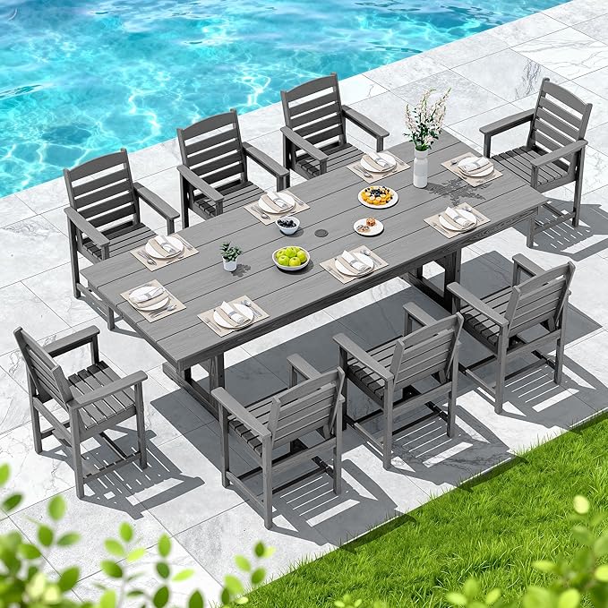 SERWALL Outdoor Dining Table, 84" Rectangular Dining Table for 6-8 Person, All Weather HDPE Outdoor Furniture for Backyard, Garden, Gray