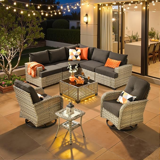 ovios 9 Piece Patio Sectional Furniture with Swivel Rocking Chairs, Rattan Wicker Coversation Couch Set, Outdoor Sofa Set for Outside Porch Balcony Backyard Pool, Black