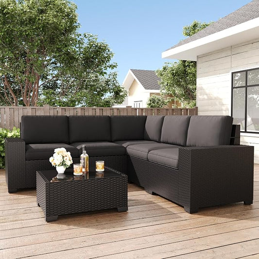 LayinSun 6 Pieces Patio Furniture Set, Black Rattan Modular Sectional Outdoor Conversation Sofa Set