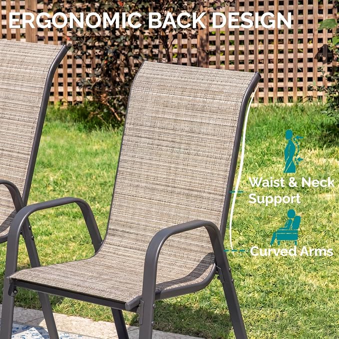 MAMIZO 7 Pieces Patio Dining Set for 6, Outdoor Table and Chairs w/Rectangle Glass Table and 6 Textilene Stackable Chairs, Patio Furniture Set w/1.69" Umbrella Hole (Black Table & Brown Chair)