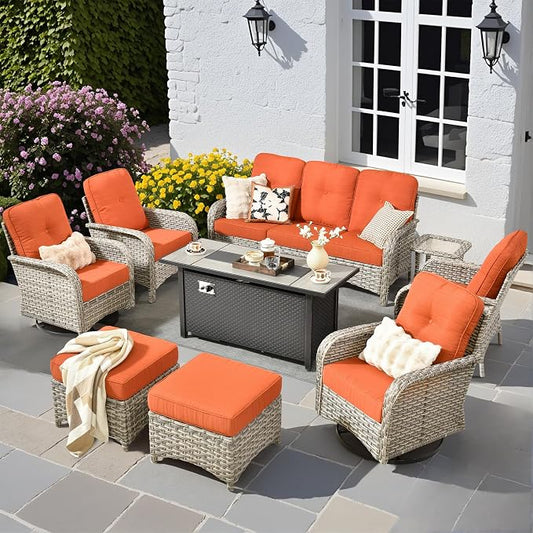 9 PCS Outdoor Patio Furniture Set with Fire Pit Table and Swivel Rocking Chairs,All Weather Wicker Rattan Patio Seating Sofa and Chair Set with Ottomans,Outdoor Conversation for Porch Deck Yard,Red