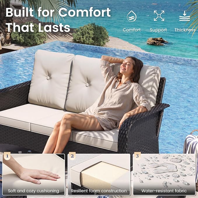 UDPATIO High Back Patio Furniture Set with 2 Swivel Rocker Chairs, Wicker Outdoor Conversation Sets with Thick Cushions & Ottoman, for Garden, Porch