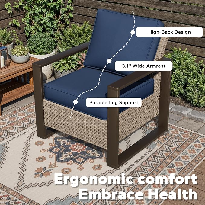 Joyside Outdoor Patio Chairs, 4 Pieces Wicker Rattan Furniture Set, 2 Patio Chairs, 2 Ottoman and 1 Table, Metal Wide Armrest, Thick Cushions and Deep Seating for Garden, Backyard, Porch, Deck