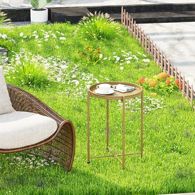 Garden 4 you Small Side Table, Gold Mini Round End Table, Tray Table with Metal Frame, Modern Nightstand for Living Room, Bedroom, Patio, Small Space, 2pcs