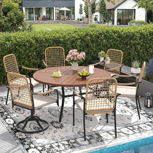 DIFY 7 Pieces Outdoor Dining Set for 6, 53.1" Black Round Metal Table with 4 Stackable Wicker Patio Chairs & 2 Swivel Chairs, Patio Furniture Set with Cushions and Umbrella Hole, Wheat Rattan