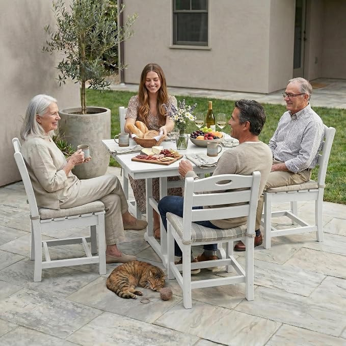 KEIKI 5-Piece HDPE Outdoor Dining Set with 4 Chairs for Porch Deck Yard All-Weather Durable Square Table Outdoor Furniture Compact Dining Maintenance Classic Bistro Set White