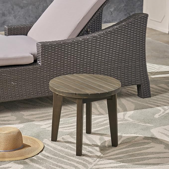 Round Patio Side Table Acacia Wood End Table with Slat Panel Design Rustic Outdoor Accent Table for Garden Backyard Pool Deck Living Room Weather Resistant Easy Maintenance, Gray