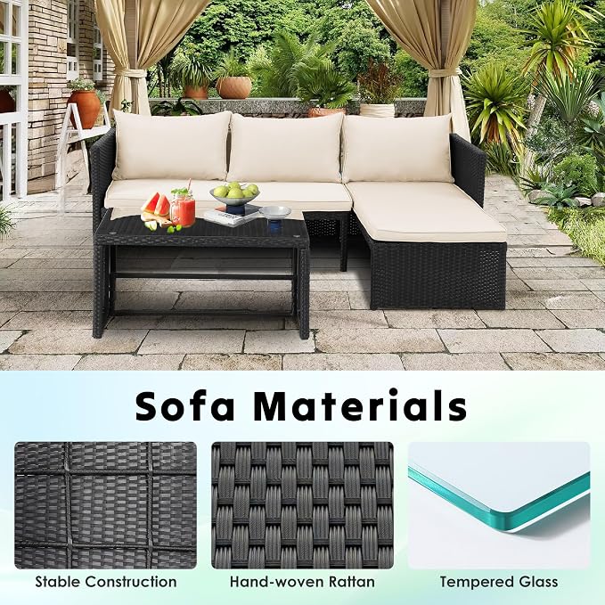 Tappio 3 Pieces Patio Furniture Sectional Sets, 3-Piece Outdoor PE Rattan Furniture Sets, Outdoor All-Weather PE Rattan Wicker Lawn Conversation Sets with Cushion and Glass Table (Begie)