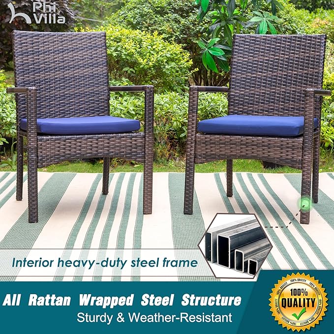 PHI VILLA 5pc Patio Dining Set with Umbrella, Square Table, Rattan Chairs | Includes 37" square metal table, 4 cushioned rattan chairs, and 10ft beige umbrella. Perfect for patio, deck, yard, or porch