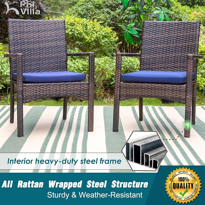 PHI VILLA 9 Pieces Outdoor Cast Aluminum Dining Set for 8, Square Metal Dining Table with Umbrella Hole & Cushioned Wicker Rattan Chairs, Dining Furniture Set for Patio, Deck, Yard and Porch