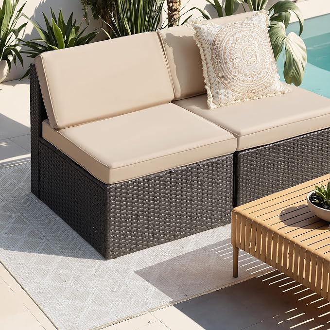 Greesum 2 Piece Patio Conversation Set Wicker Rattan Furniture Outdoor Sofa with Cushions,Pillows for Porch,Lawn and Yard, Beige