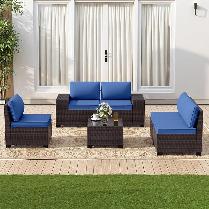 Gotland 6 Pieces Patio Furniture Set with 1 Coffee Table, 5 Seater Rattan Outdoor Sectional with Wide Armrests 29.5'' High Backrest Thick Waterproof Cushions, Conversation Sets for Deck Garden Navy