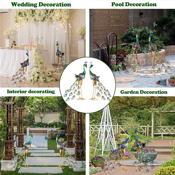 XONOR Metal Peacock Garden Statues Peacock Yard Art Outdoor Sculptures for Home Patio Lawn Backyard Décor, Set of 2