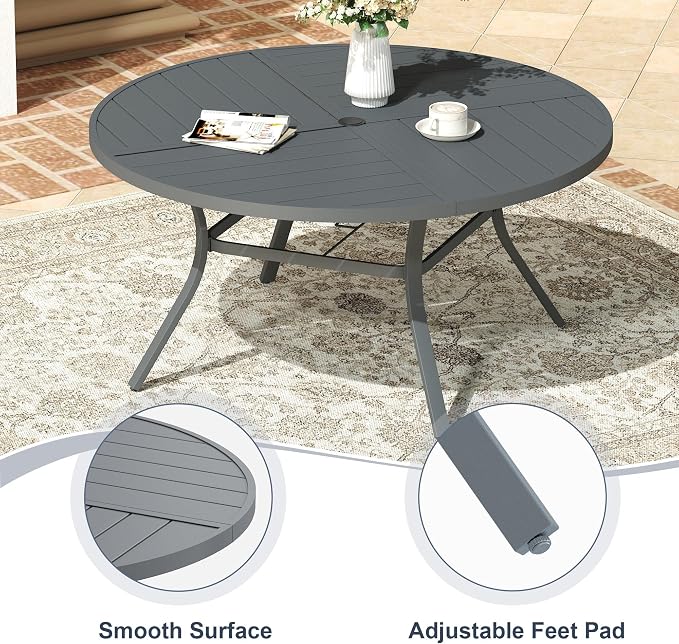 VICLLAX 7 Pieces Patio Outdoor Dining Set, 6 Swivel Textilene Chairs and 53" Round Metal Table with Umbrella Hole for Porch, Deck, Garden, Dark Gery/Grey