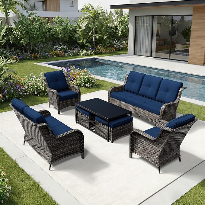 Joyside 7 Piece Wicker Patio Furniture Set, Rattan Patio Chairs with High Back, Deep Seating, Wide Armrest, Thickened Cushions, Outdoor Furniture for Deck, Porch Use