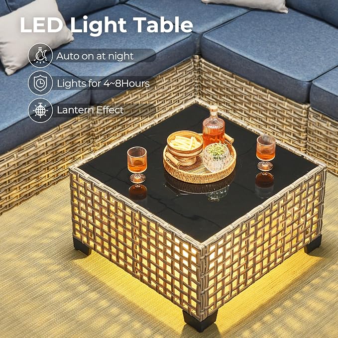 HOOOWOOO Sectional Patio Furniture Set with Solar Light Table,6 Pieces Wicker Outdoor Furniture L Shaped Couch,Outside Conversation Set with Extra Deep Seat Sofa Wide Arm,Dark Denim Blue